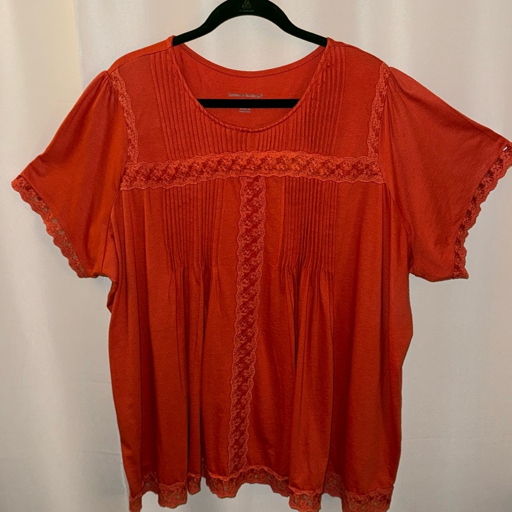 Sz. 3X Woman Within fresh Orange Top w/Lace accents throughout & front pleating